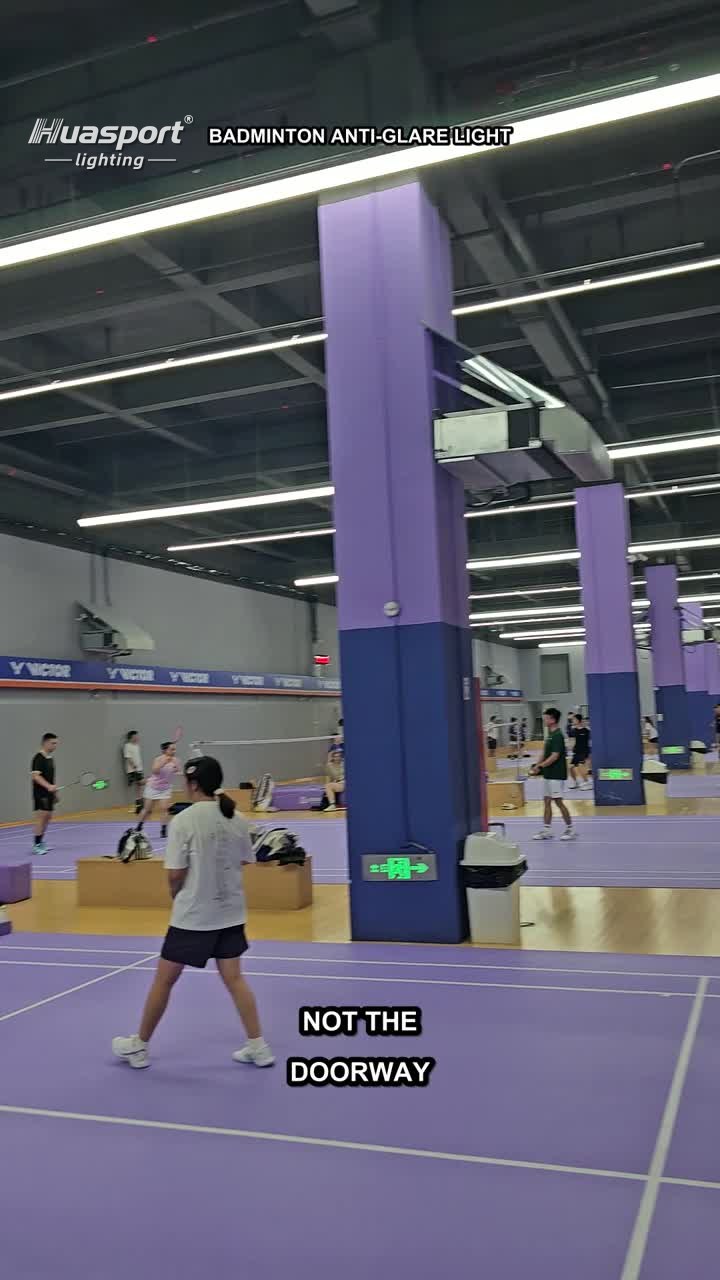 Badminton court lighting baseline test from the player angle inside an indoor badminton hall
