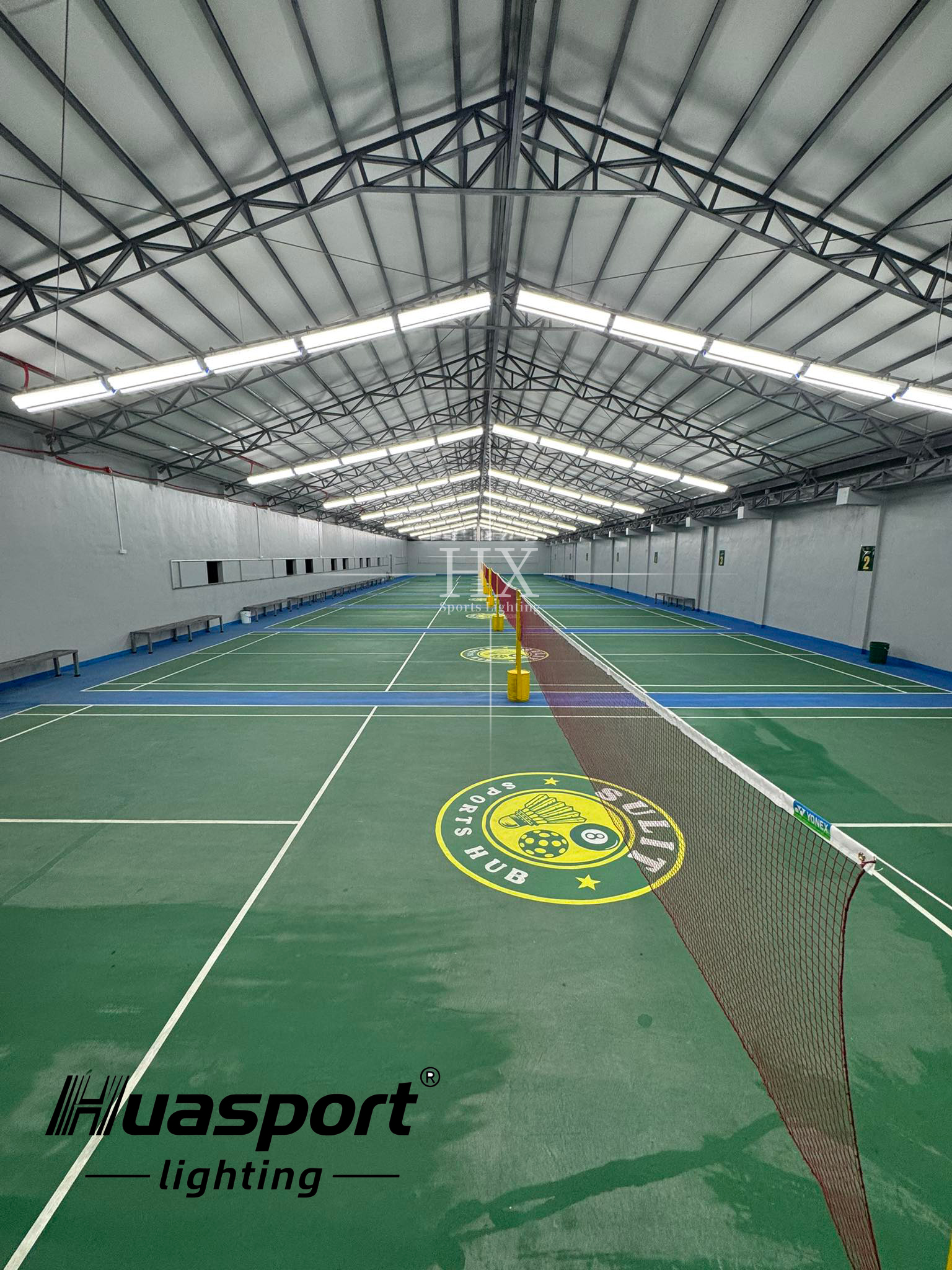 Philippines indoor pickleball court photo with Huasport anti-glare long-bar lighting above the court