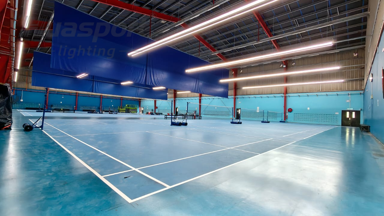 Malaysia indoor badminton court lighting row view for a 24-fixture badminton lighting layout discussion