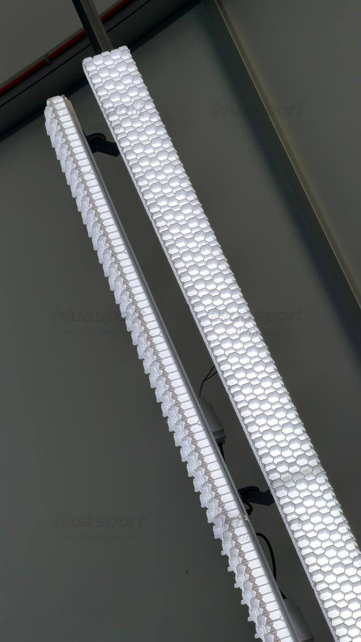 Philippines indoor court long-bar anti-glare fixture detail with double-layer honeycomb grille