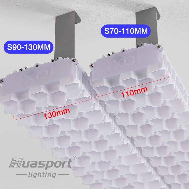Huasport S70 11 cm and S90 13 cm width comparison for badminton court lighting fixtures