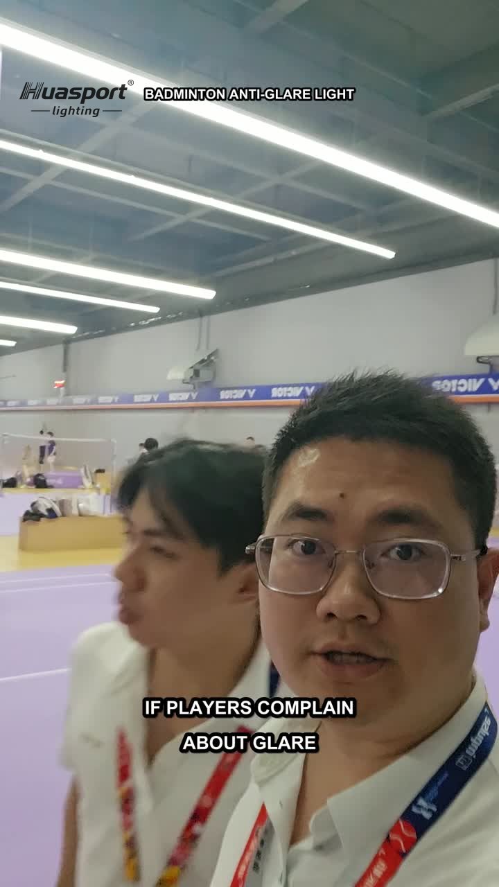 Badminton anti-glare court lighting video frame warning not to add more watts when players complain about glare