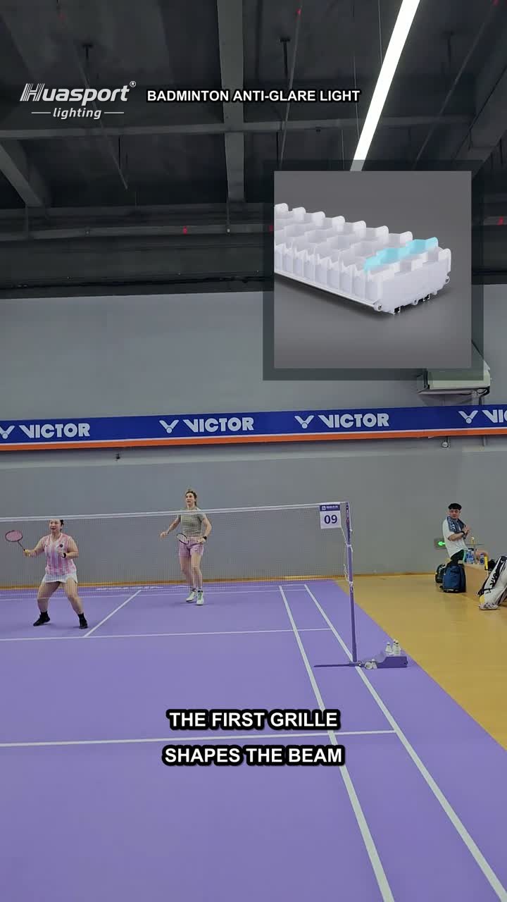 Huasport S90 double layer grille badminton court light showing the first grille shaping the beam