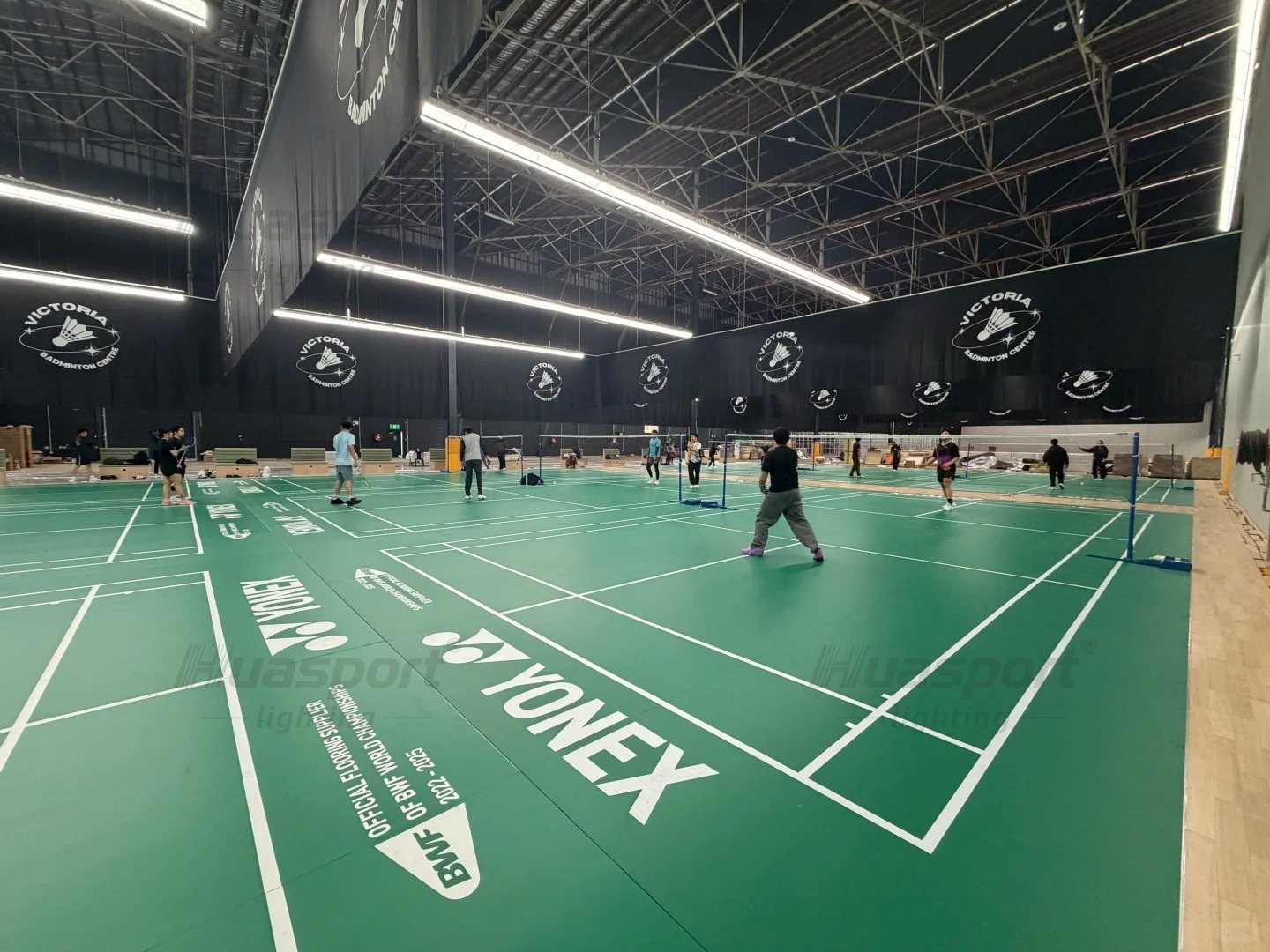 Australia badminton court row alignment with Huasport SAA 60W 24 fixture badminton lighting layout