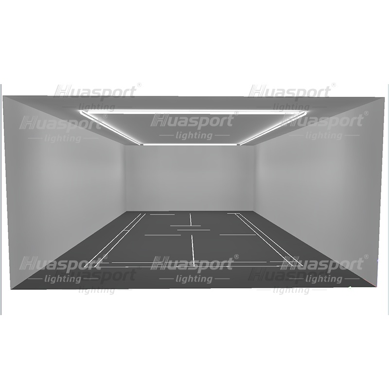 Indoor padel court glass and fence view with Huasport anti-glare lighting