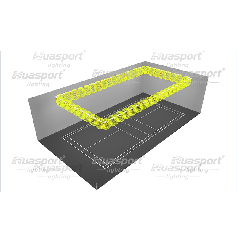 Indoor padel court long side lighting row with Huasport anti-glare long-bar fixtures
