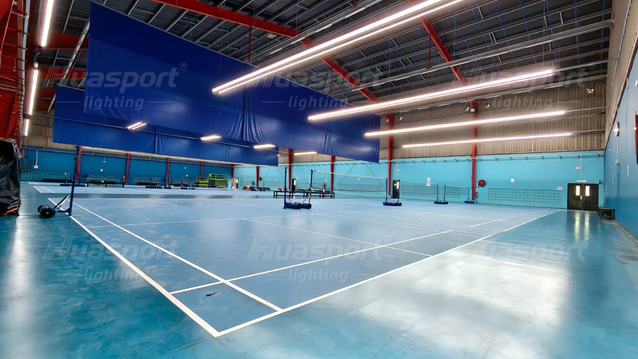 Malaysia badminton court lighting row position check under long-bar anti-glare fixtures