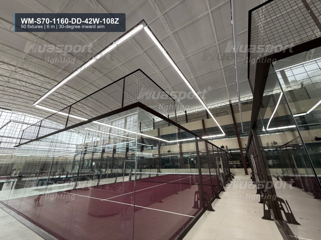 Philippines indoor padel court lighting with Huasport S70 long-bar fixtures and glass-wall court layout