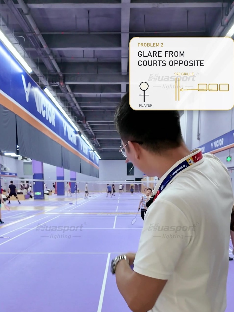 T-shaped badminton hall video frame showing opposite-court glare checking from player view